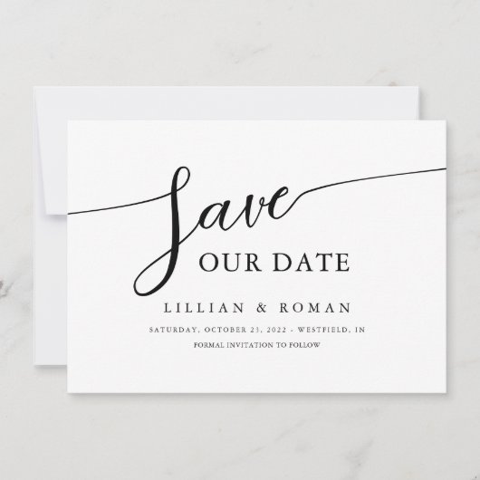 Romantische Script Calligraphy Black & White Weddi Save The Date (Voorkant)