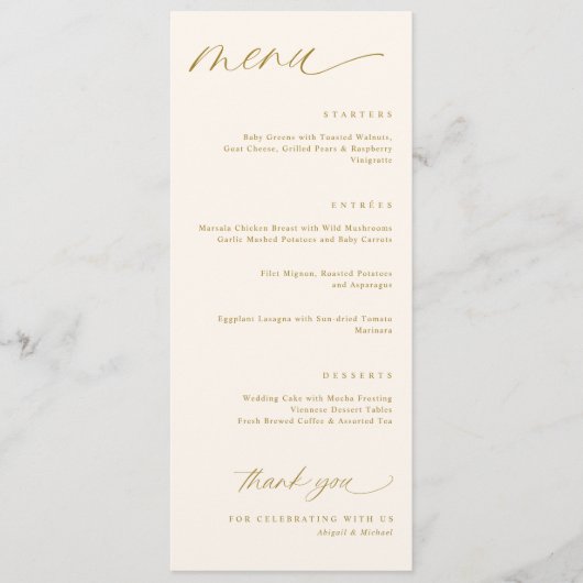 Romantische Script Cream en Gold Wedding Menu's (Voorkant)