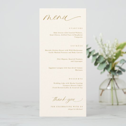 Romantische Script Cream en Gold Wedding Menu's (Staand voorkant)
