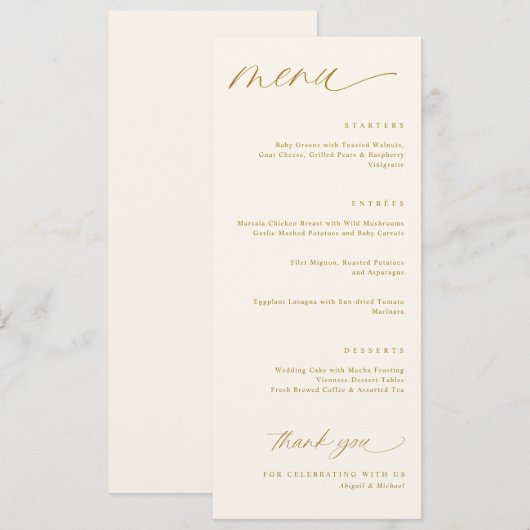 Romantische Script Cream en Gold Wedding Menu's (Voorkant / Achterkant)