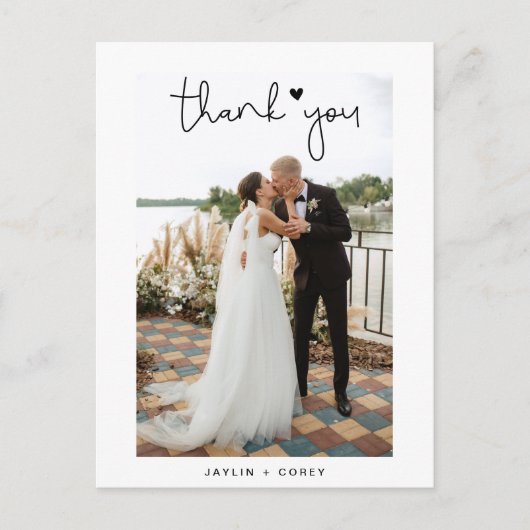 Romantische script hart trouwfoto bedankt bericht briefkaart (Voorkant)
