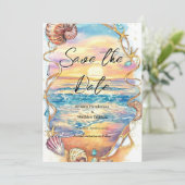 Romantische Seashells Beach Wedding Save The Date (Staand voorkant)