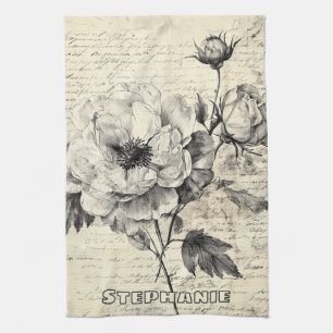 Romantische Sepia Bloemen Vintage Papier Theedoek