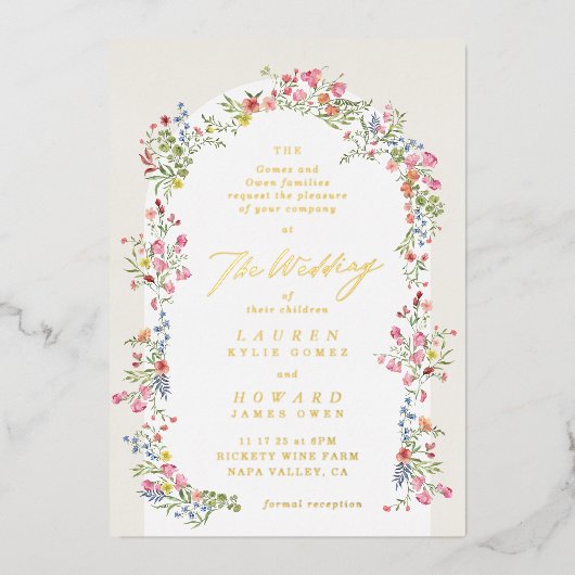 romantische sierlijke bloemboog lente tuin bruilof folie uitnodiging (Voorkant)