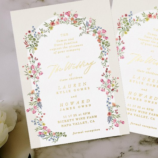 romantische sierlijke bloemboog lente tuin bruilof folie uitnodiging