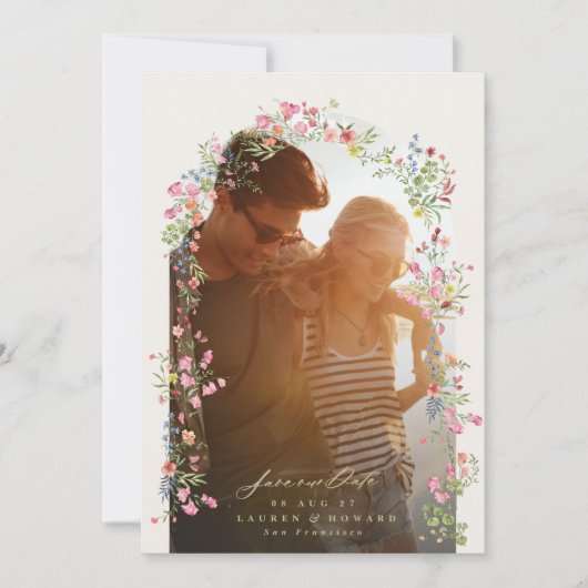 romantische sierlijke bloemenboog lente bruiloft f save the date (Voorkant)