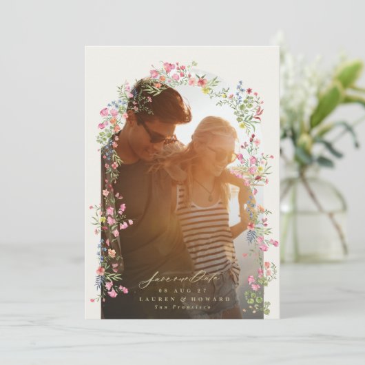 romantische sierlijke bloemenboog lente bruiloft f save the date (Staand voorkant)