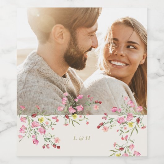 romantische sierlijke bloemenlente bruiloft Foto Wijn Etiket (Enkel label)