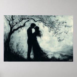 Romantische Silhouette Koppel Onder Boom Monochroo Poster