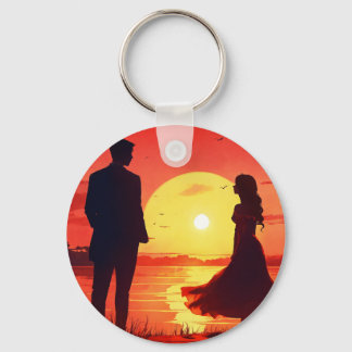 Romantische Silhouette van een Stel bij Zonsonderg Sleutelhanger
