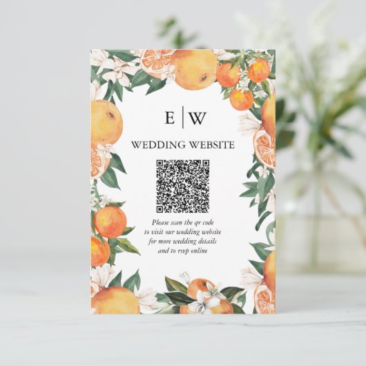 Romantische Sinaasappels Citrus bruiloft QR-code Informatiekaartje (Staand voorkant)