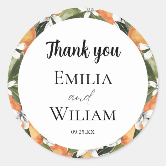 Romantische Sinaasappels Citrus bruiloft Ronde Sticker (Voorkant)