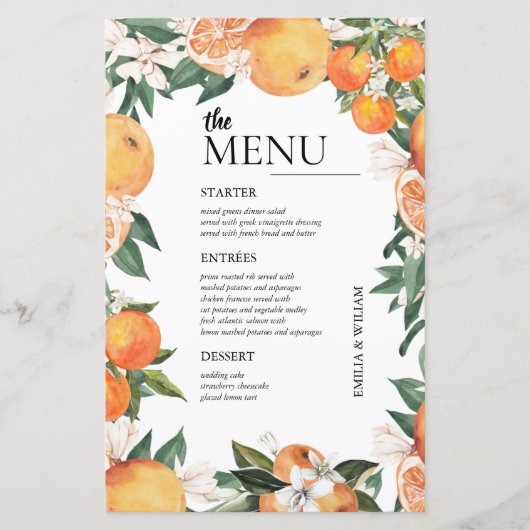 Romantische Sinaasappels Trouwtafel Menu (Voorkant)