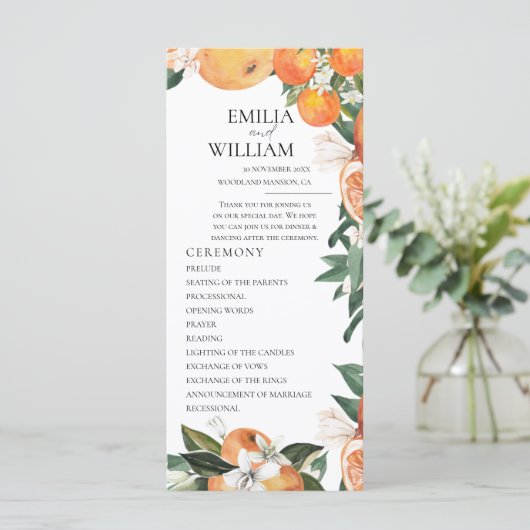 Romantische Sinaasappels Wedding Ceremony Programm (Staand voorkant)