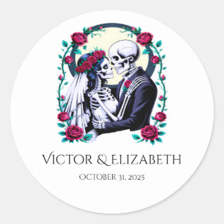 Romantische Skeleton Bruid en Bruidegom Huwelijk Ronde Sticker