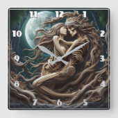 Romantische skeletten omarmen onder een volle maan vierkante klok (Voorkant)