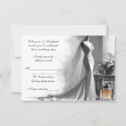Romantische Sketch RSVP-kaart - Elegante bruid RSVP Kaartje (Voorkant)