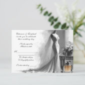 Romantische Sketch RSVP-kaart - Elegante bruid RSVP Kaartje (Staand voorkant)