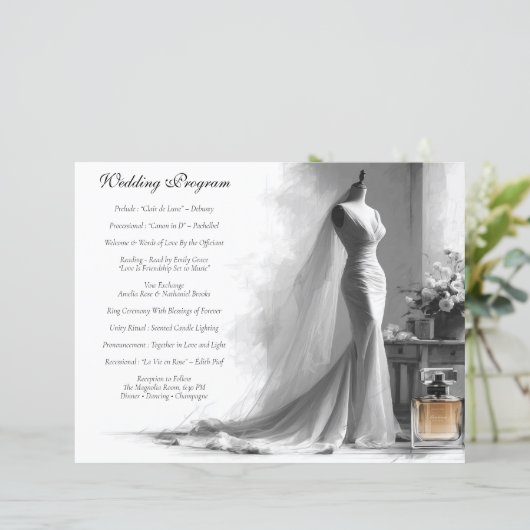 Romantische Sketch Wedding Program Kaart met Vinta (Staand voorkant)