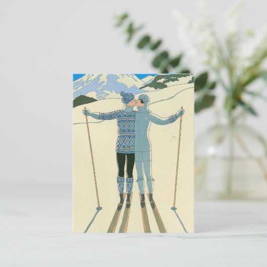 Romantische Skiers in Blauw Briefkaart (Staand voorkant)