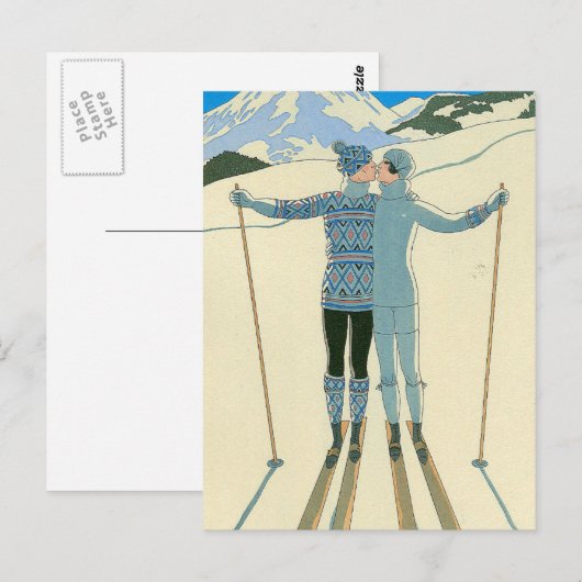Romantische Skiers in Blauw Briefkaart (Voorkant / Achterkant)