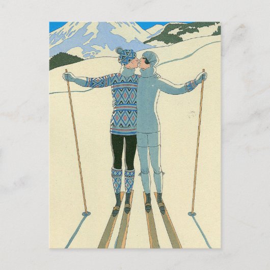 Romantische Skiers in Blauw Briefkaart (Voorkant)