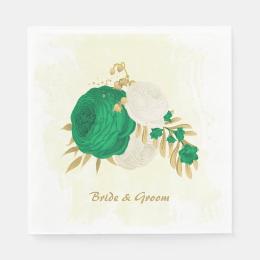 Romantische smaragdgroen en gouden witte bloemen servet (Voorkant)