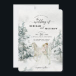 Romantische Snowy Winter Forest Waterverf Kaart<br><div class="desc">Deze huwelijksuitnodiging is voorzien van een winterse witte bosweg bedekt met sneeuw, omringd door met sneeuw bedekte groenblijvende bomen. Op de voorgrond staat een bruid en bruidegom met een wit paard. De gebruikte kleuren zijn bosgroen met verschillende salie en grijs. Aan de bovenkant is gestileerde tekst met de namen van...</div>