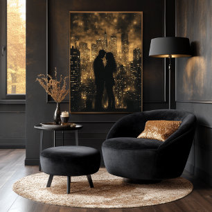 Romantische Stadshemel Liefdespaar in Gouden Monoc Poster