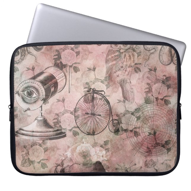 Romantische Steampunk | Antiek Vintage Ephemera Laptop Sleeve (Voorkant)