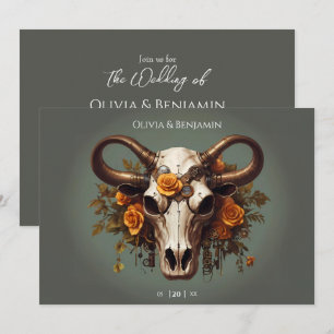 Romantische Steampunk Bloemen Koe Schedel Huwelijk Kaart