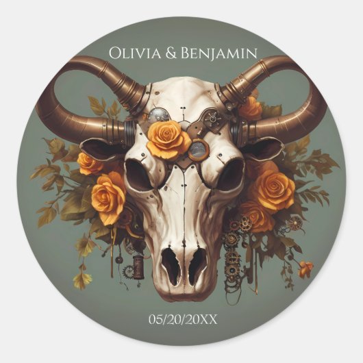 Romantische Steampunk Bloemen Koe Schedel Huwelijk Ronde Sticker (Voorkant)
