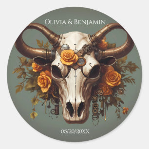 Romantische Steampunk Bloemen Koe Schedel Huwelijk Ronde Sticker
