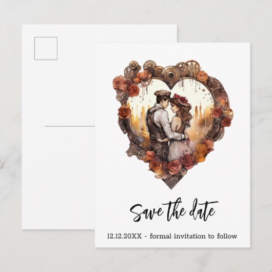 Romantische Steampunk bruiloft hart Aankondigingskaart (Voorkant / Achterkant)