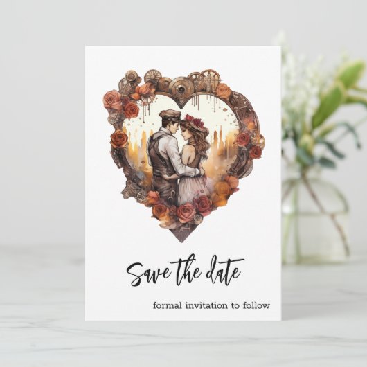 Romantische Steampunk bruiloft hart Save The Date (Staand voorkant)