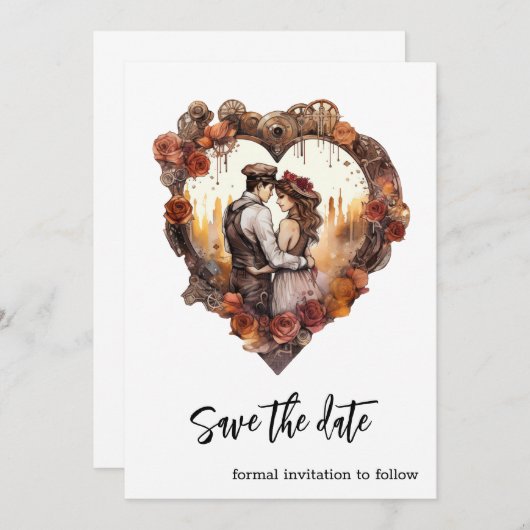 Romantische Steampunk bruiloft hart Save The Date (Voorkant / Achterkant)