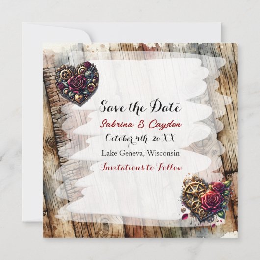Romantische steampunk gepersonaliseerde bruiloft save the date (Achterkant)