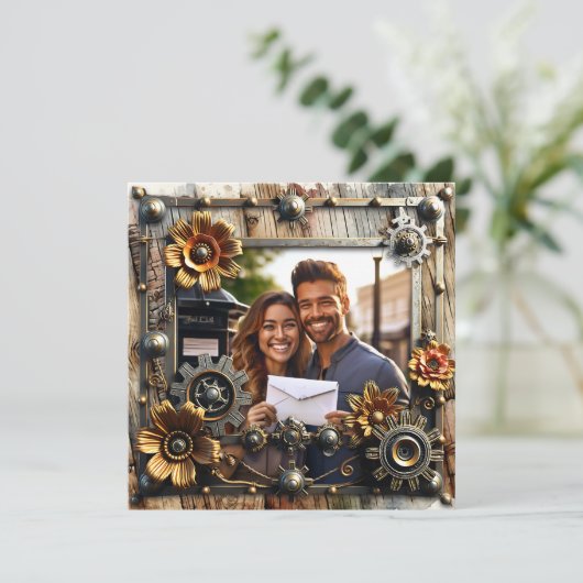 Romantische Steampunk Gepersonaliseerde Wedding RS Save The Date (Staand voorkant)