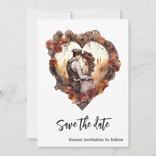 Romantische Steampunk Trouw Hart Save The Date (Voorkant)