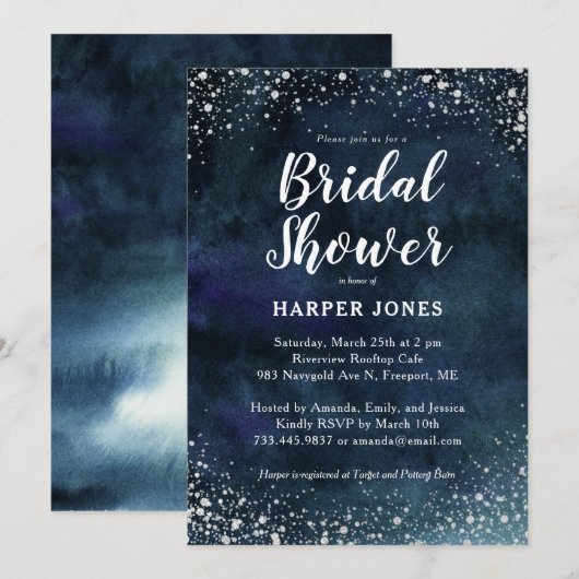 Romantische Sterren Navy Blue Silver Vrijgezellenf Kaart (Voorkant / Achterkant)