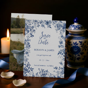 Romantische Stof met Blauwe Toile Bloemen en Foto Save The Date