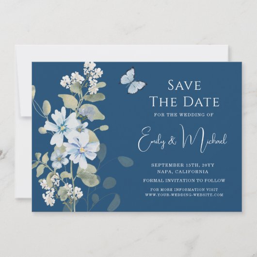Romantische Stofblauwe Aquarel Bloemige Trouwdag Save The Date (Voorkant)