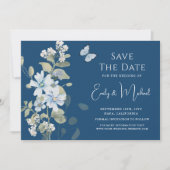 Romantische Stofblauwe Bloemige Bruiloft Save The Date (Voorkant)