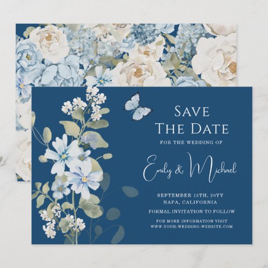 Romantische Stofblauwe Bloemige Bruiloft Save The Date (Voorkant / Achterkant)