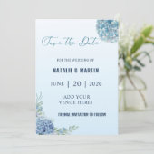 Romantische Stofblauwe Hortensia Watercolor Bruilo Save The Date (Staand voorkant)