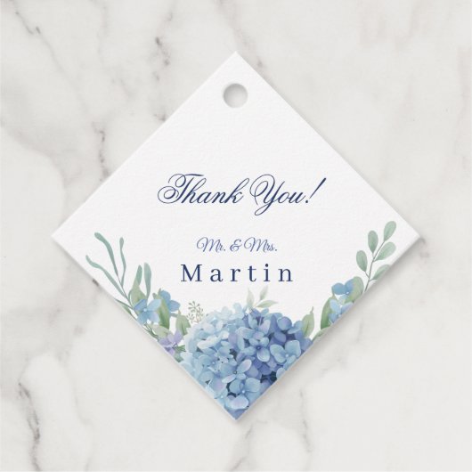 Romantische Stofblauwe Hortensia Waterverf Bruilof Bedankjes Labels (Voorkant)