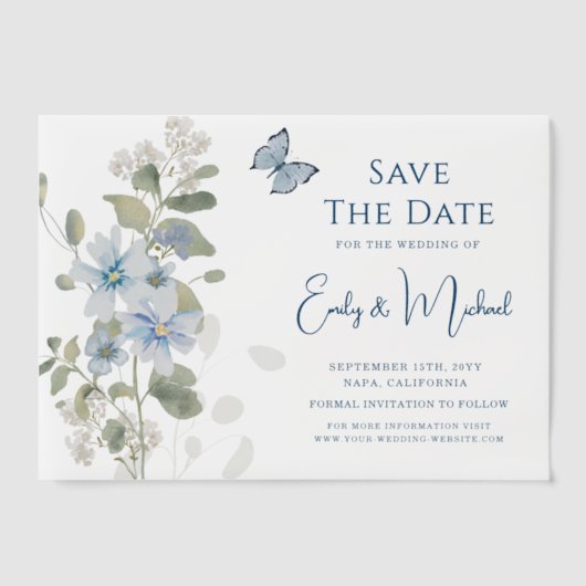 Romantische stoffige blauwe bloem Save the Date We Vellum Uitnodigingen (Voorkant)
