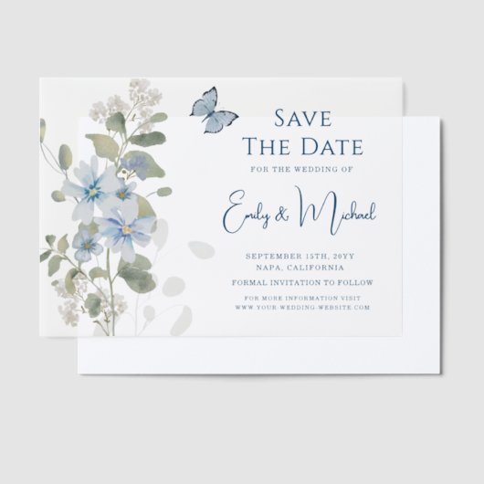 Romantische stoffige blauwe bloem Save the Date We Vellum Uitnodigingen (Offset)