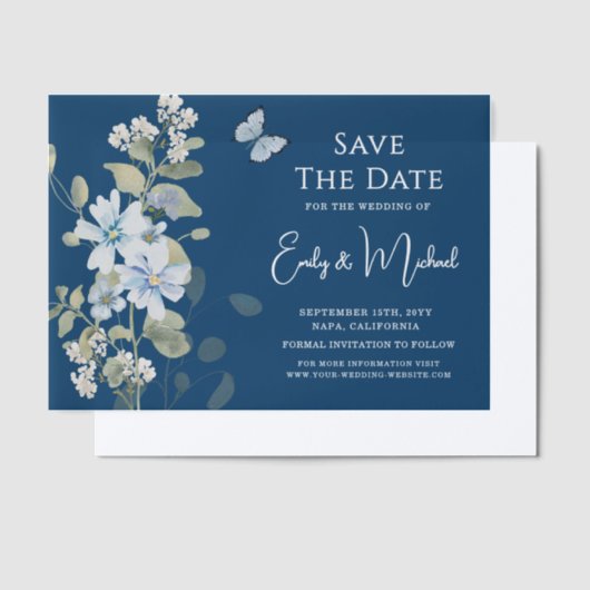 Romantische stoffige blauwe bloem Save the Date We Vellum Uitnodigingen (Offset)