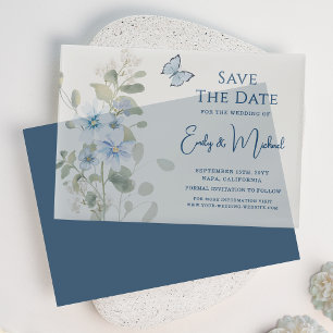 Romantische stoffige blauwe bloem Save the Date We Vellum Uitnodigingen